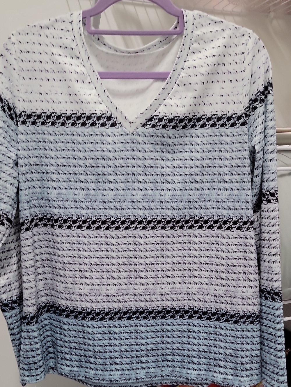 Women’s Striped V-Neck Shirt - White & Black & Blue Nylon Large